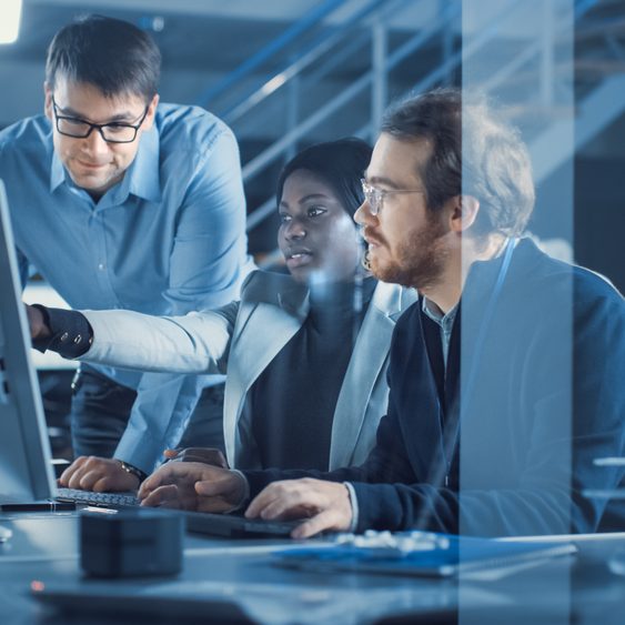 Electronics,Development,Engineer,Working,On,Computer,,Talks,With,Project,Manager,